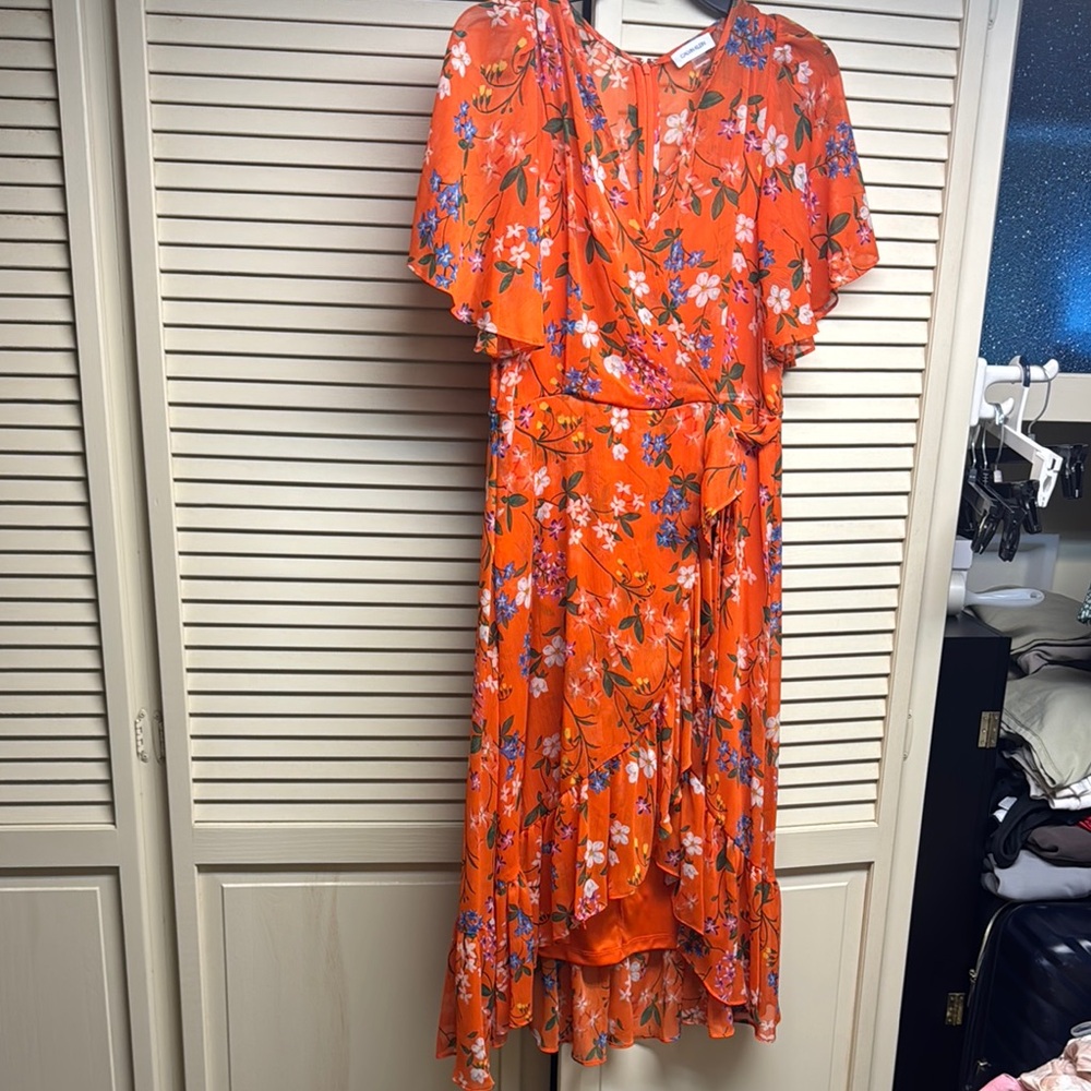 Calvin Klein Orange High Low Sundress with Flutter Sleeves